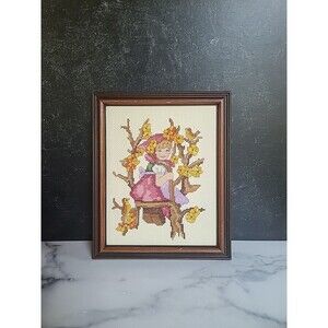 Finished Cross Stitch Framed Art Girl in a Tree